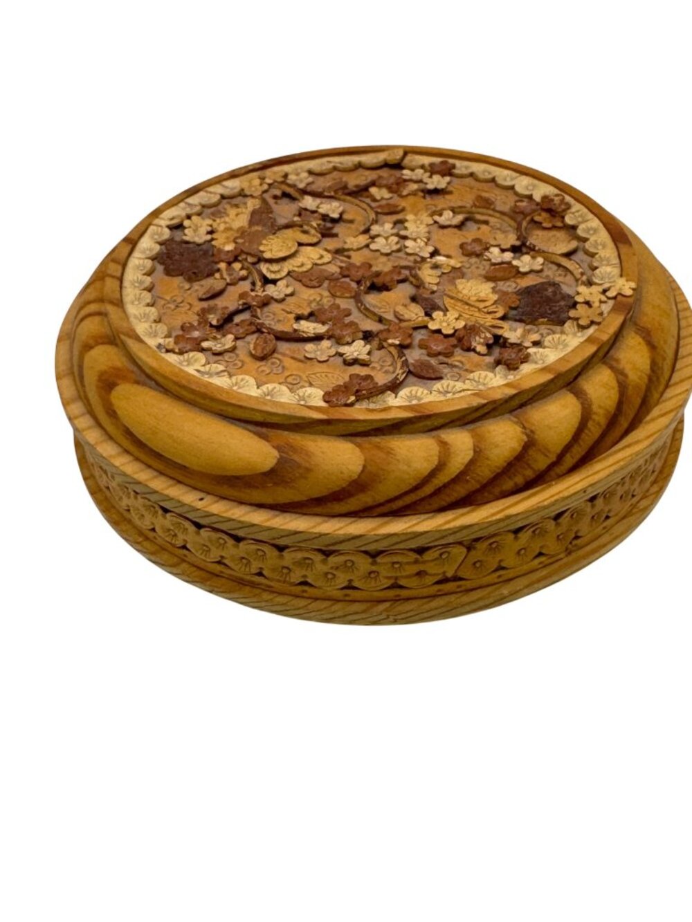 Siberian Birch Box Wooden Jewelry Box Intricate Floral Bird Carvings Round 4.5"